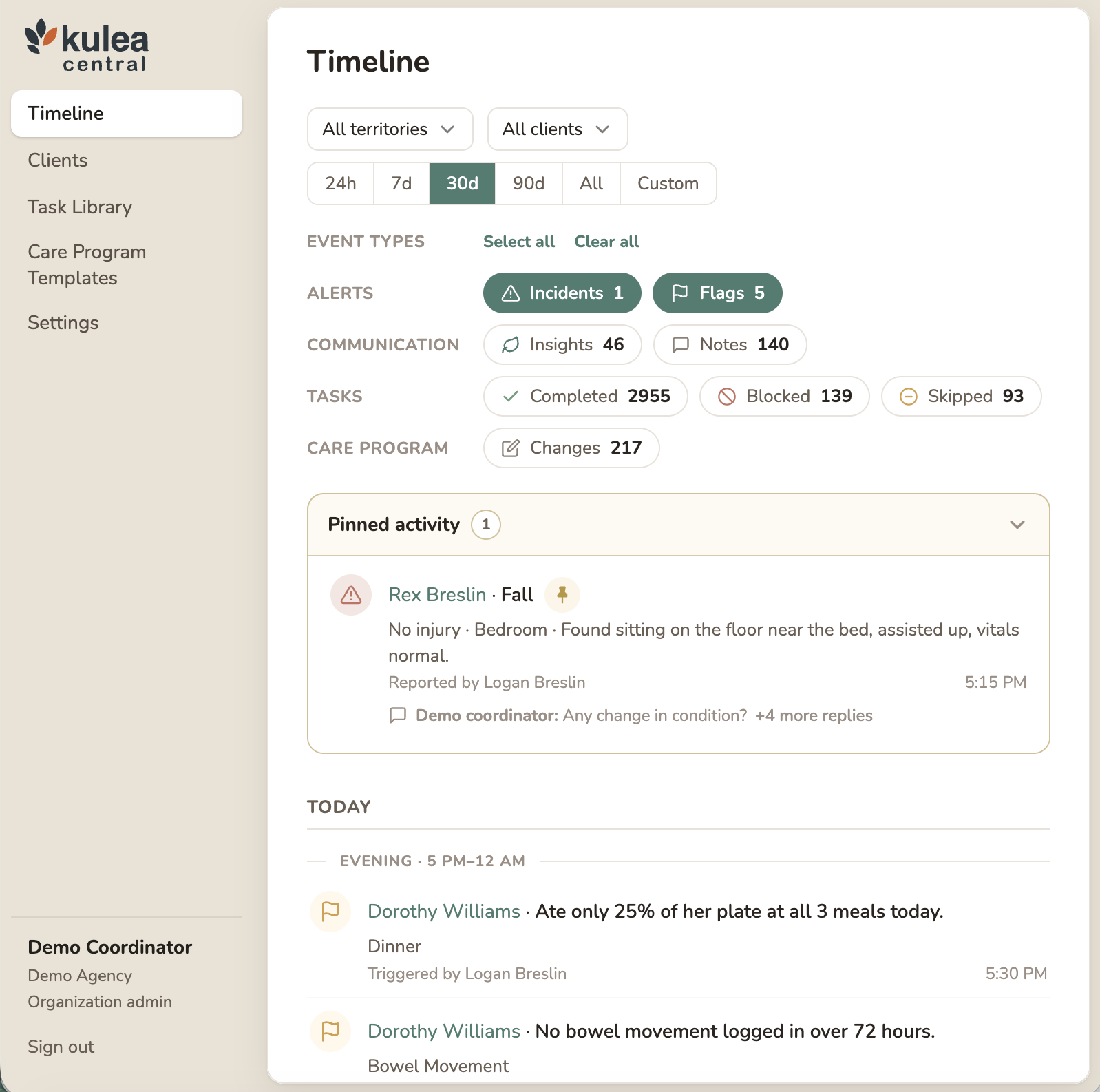 Kulea Central showing one live timeline of tasks, flags, incidents and notes